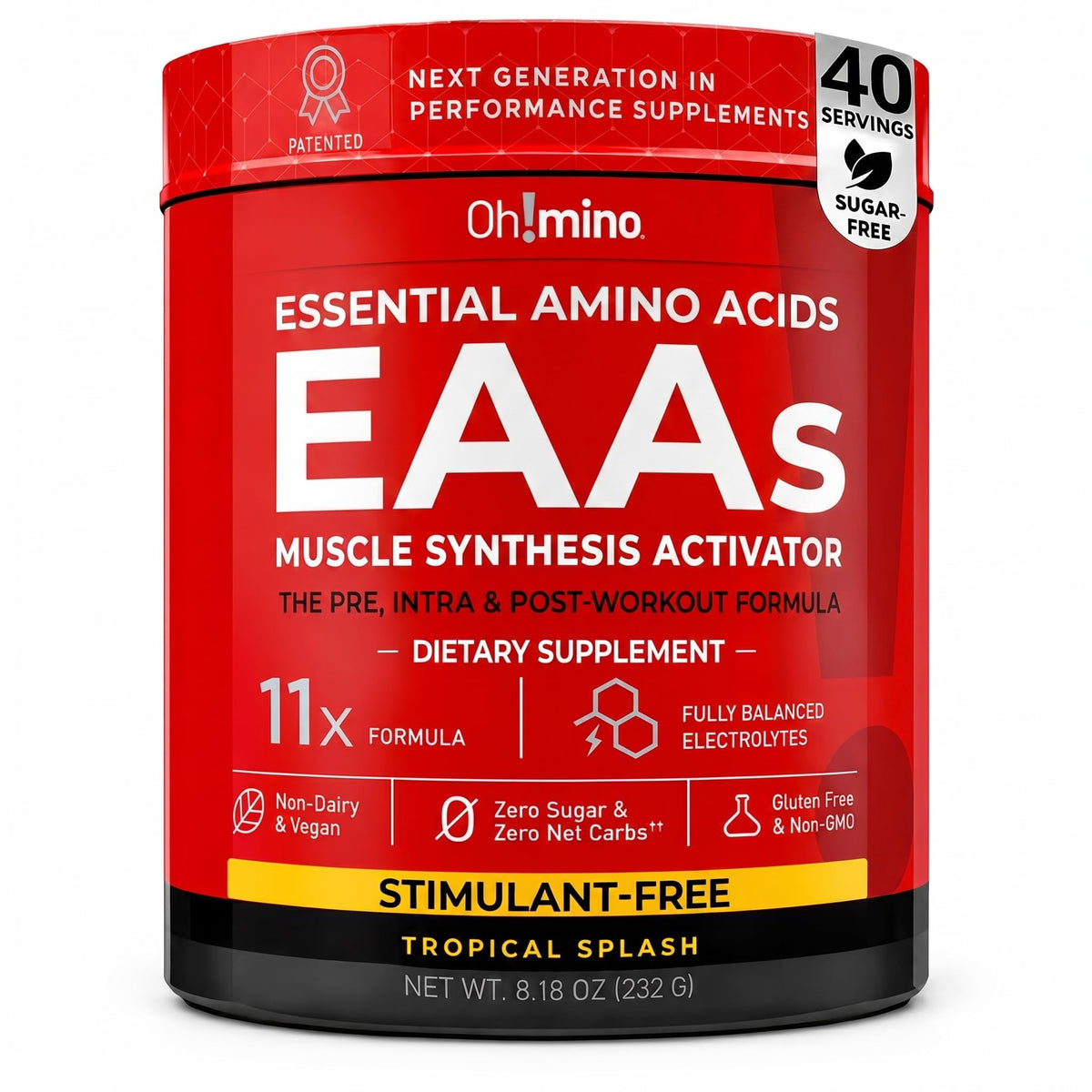 Oh!mino BCAA + EAA Powder 290g vue avant avec étiquette tropicale