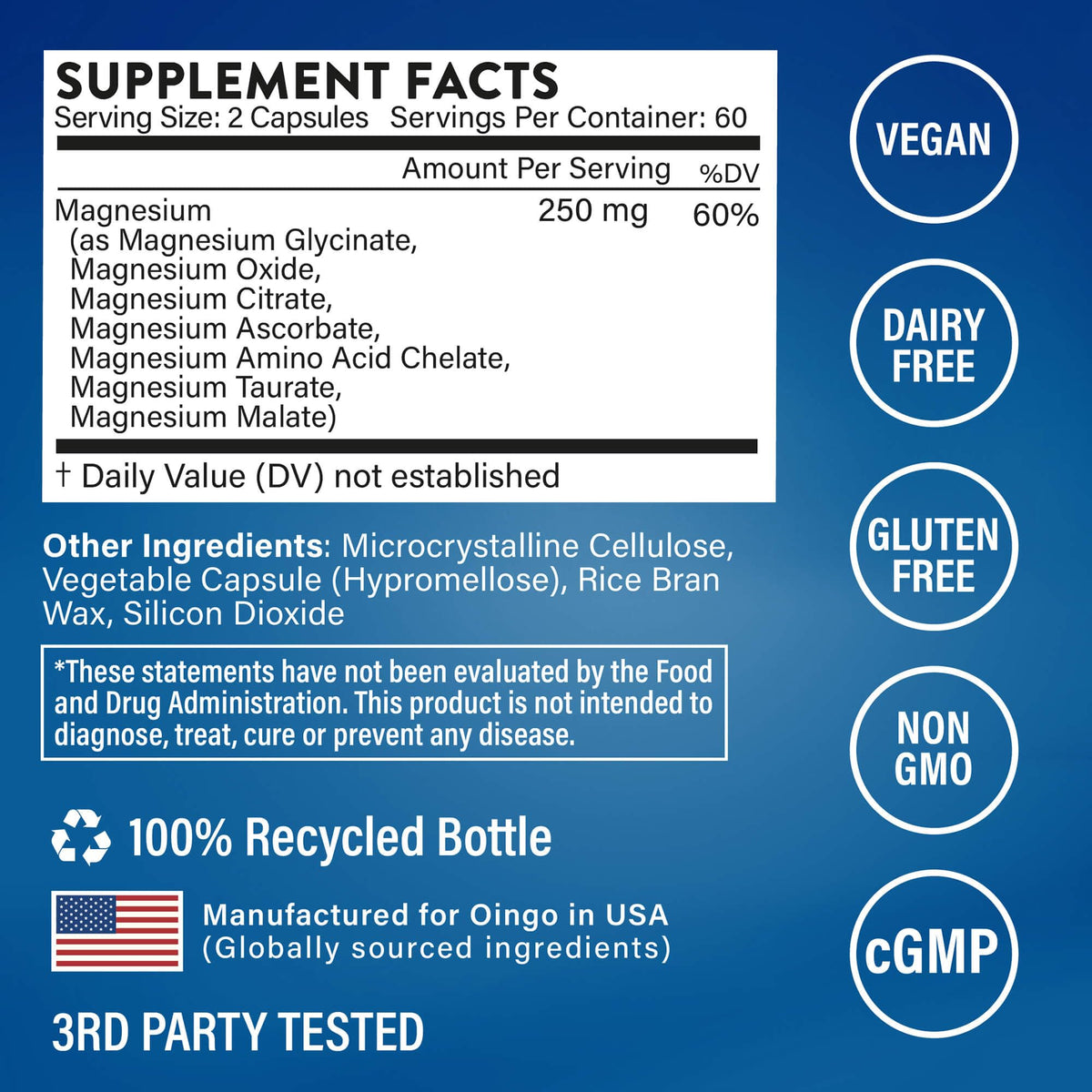 Oingo Complex de Magnésium 7 en 1 250 mg étiquette du produit