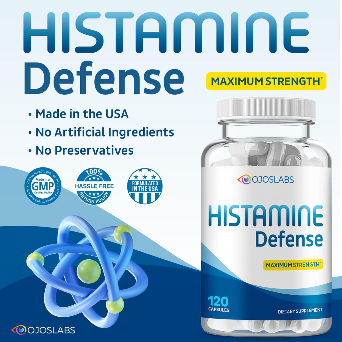 OjosLabs Advanced Histamine Defense 120 Capsules ouverte avec capsules visibles