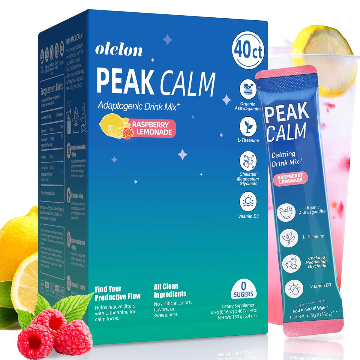 OLELON Poudre de Magnésium Calm 40 sachets saveur citron framboise vue de face