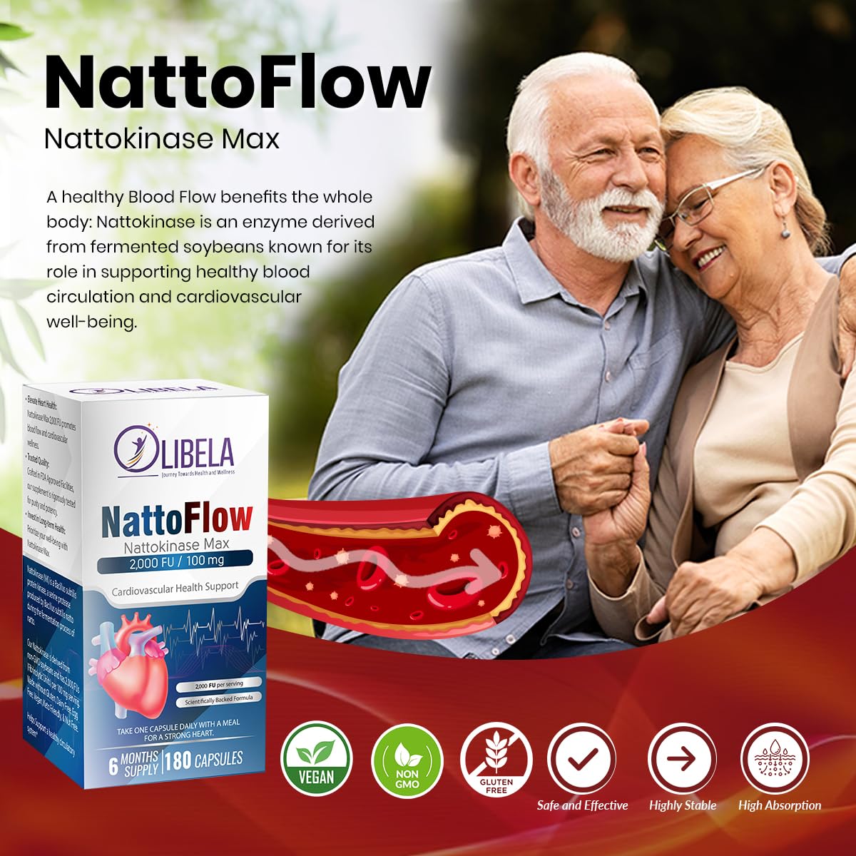 OLIBELA Nattokinase 180 capsules avec étiquette détaillée