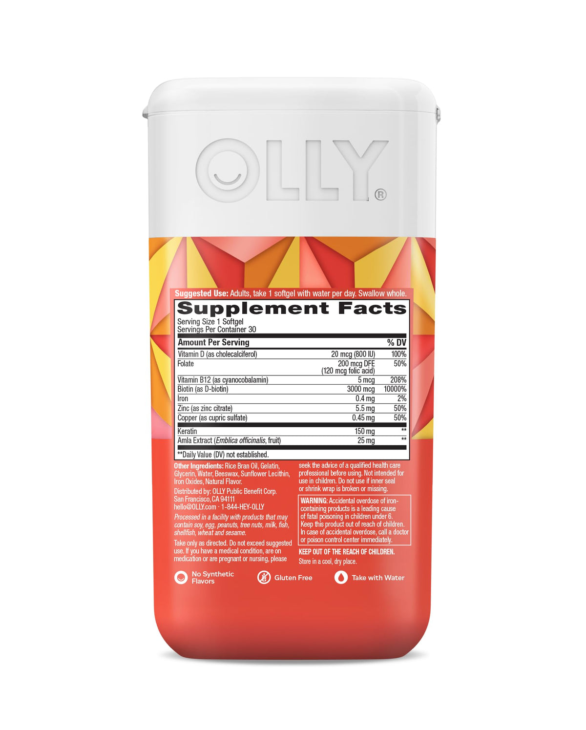 OLLY Cheveux Ultra Force softgel dans une main pour montrer la taille