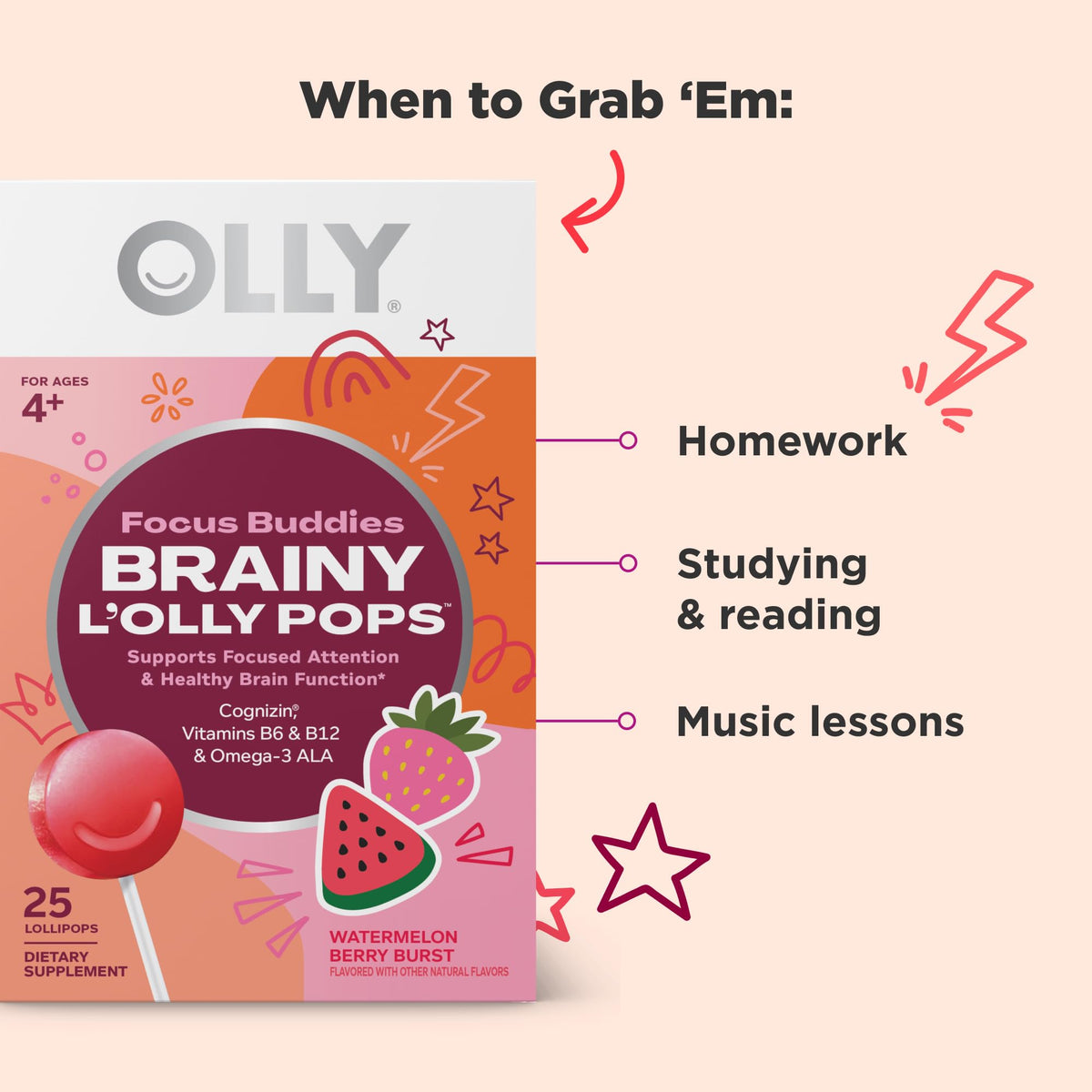 OLLy Focus Buddies L’OLLY Pops arrière de la boîte avec informations nutritionnelles