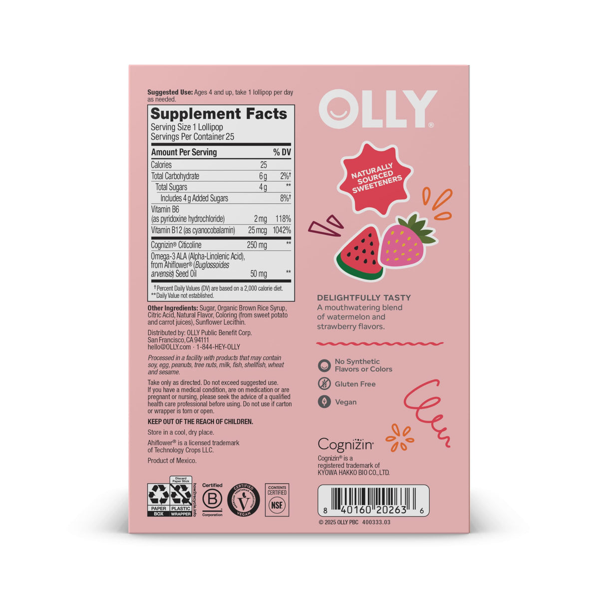 OLLy Focus Buddies L’OLLY Pops lollipop avec goût naturel