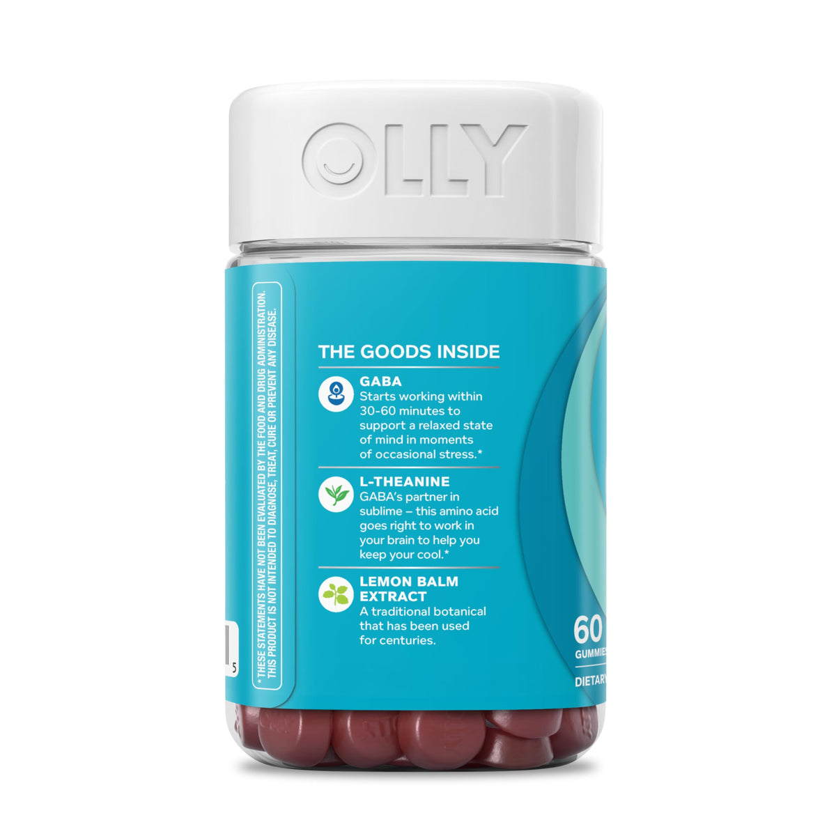 OLLY Goodbye Stress Gummies affichées avec des ingrédients naturels
