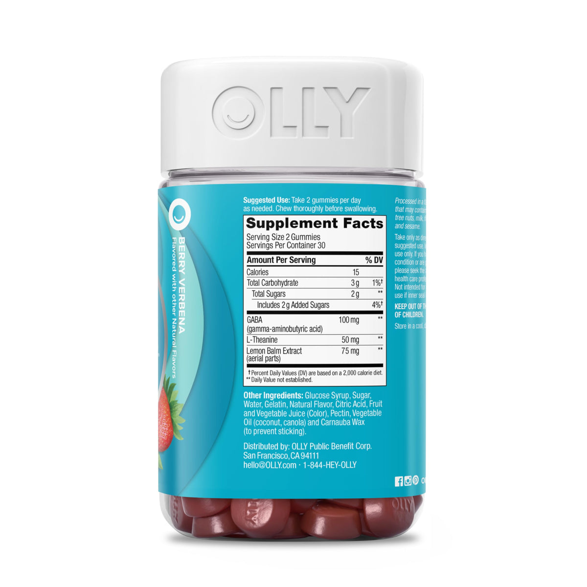 OLLY Goodbye Stress Gummies avec des fruits frais en arrière-plan