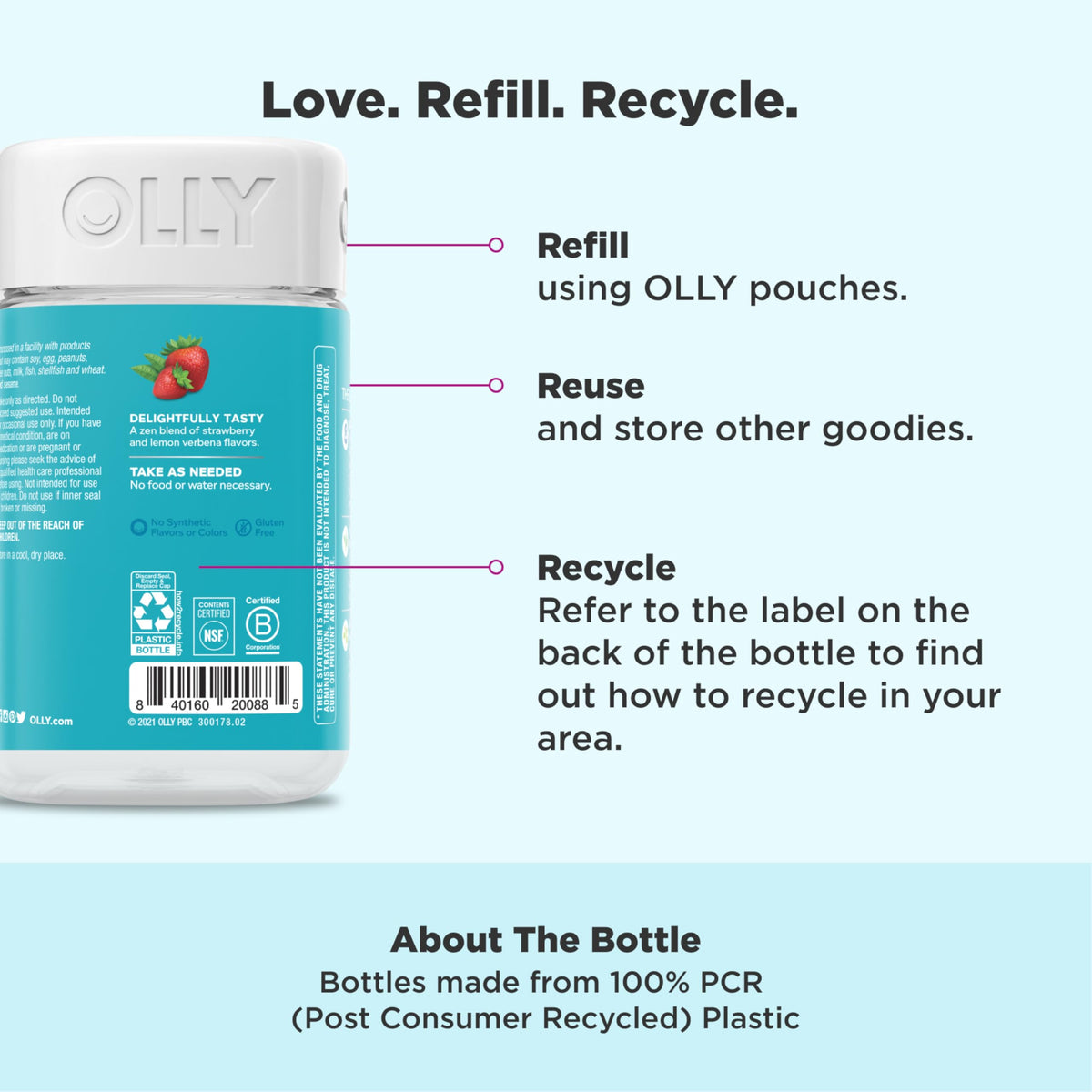 OLLY Goodbye Stress Gummies avec un fond zen