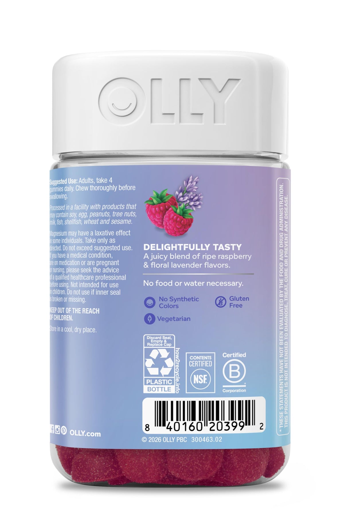 OLLY Gummies Magnésium 120 unités bouteille fermée sur une table