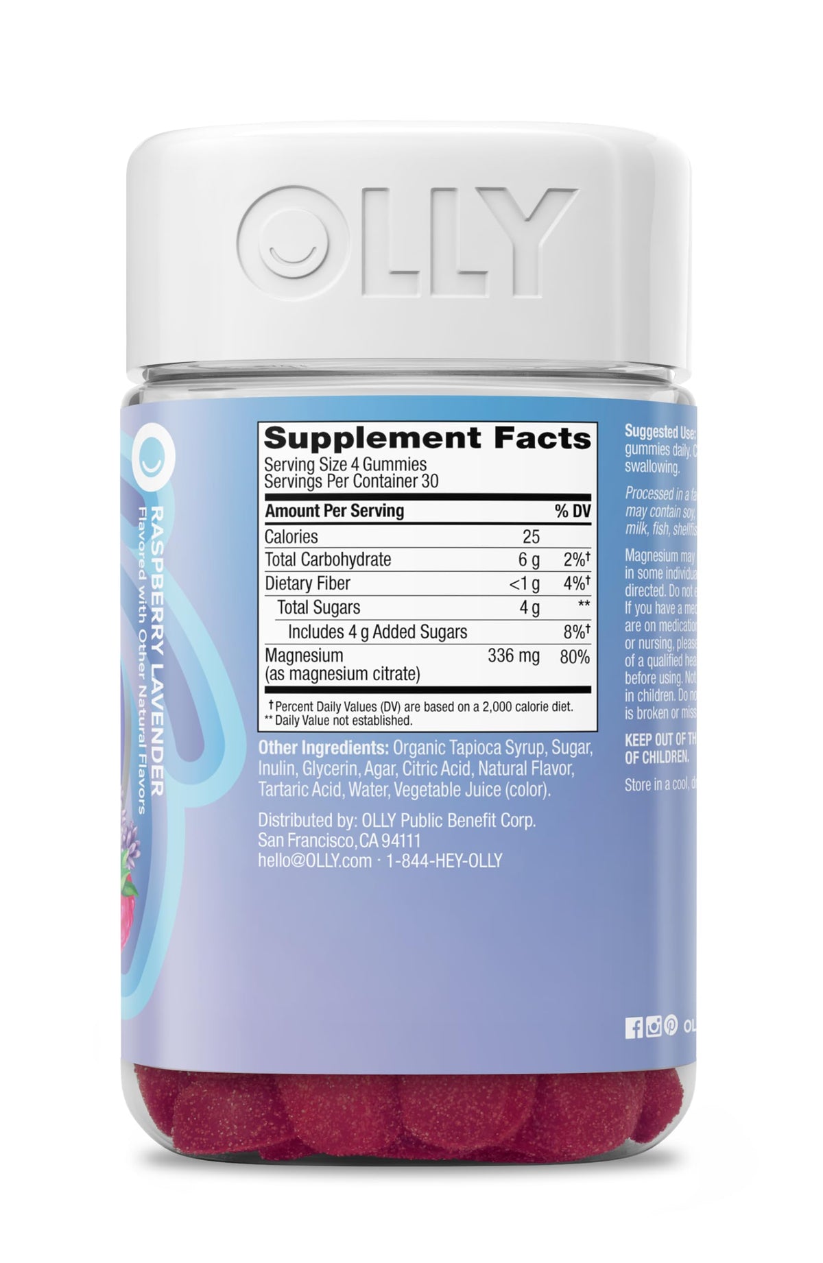 OLLY Gummies Magnésium 120 unités en gros plan sur un fond blanc