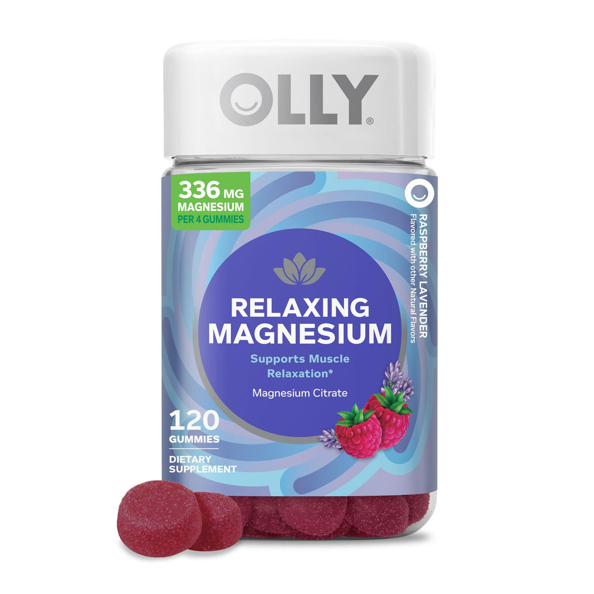 OLLY Gummies Magnésium 120 unités vue avant avec étiquette framboise lavande