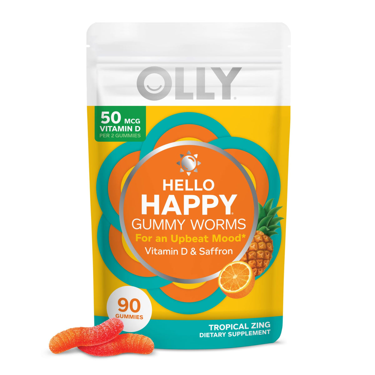 OLLY Hello Happy Gummies 90 pièces flacon avant avec étiquette colorée