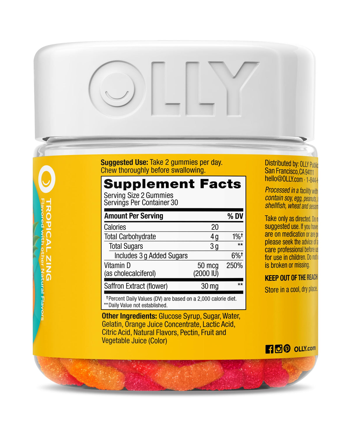 OLLY Hello Happy gummies avec des fruits tropicaux comme décor