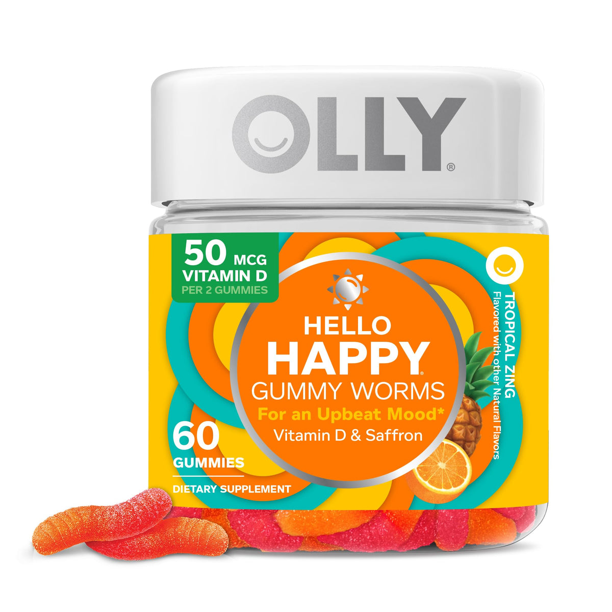 OLLY Hello Happy gummies vue de face avec emballage tropical