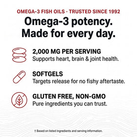 Olympian Labs Mega Omega-3 2000mg flacon sur une surface en bois