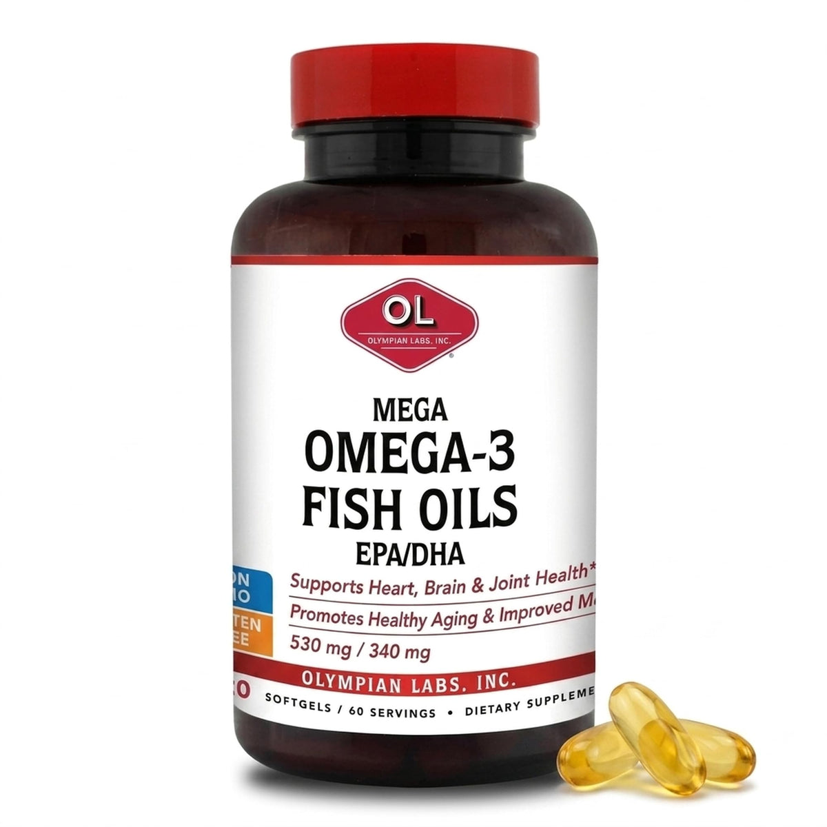 Olympian Labs Mega Omega-3 flacon avant avec étiquette détaillée