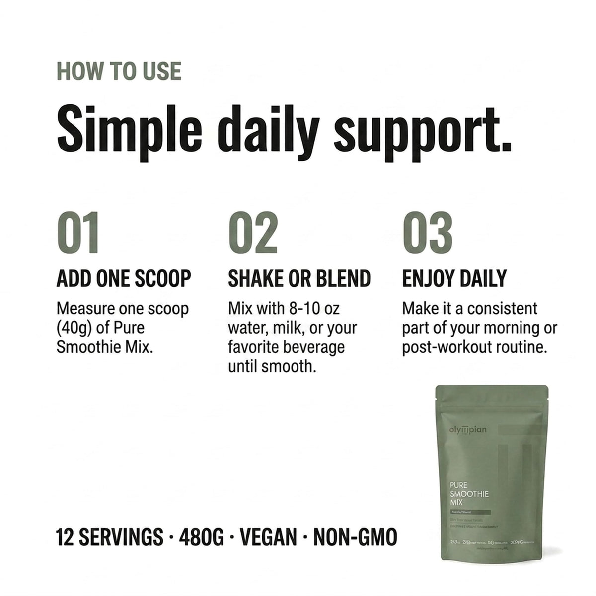 Olympian Labs Pure Smoothie Mix sur une table avec des fruits