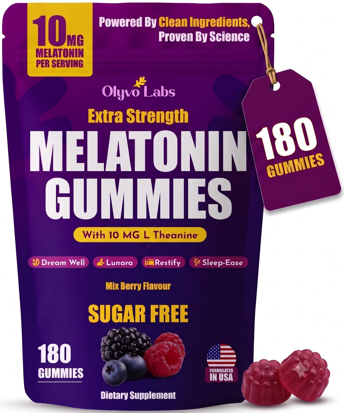 Olyvo Labs Gummies de Mélatonine 10 mg, sachet avant