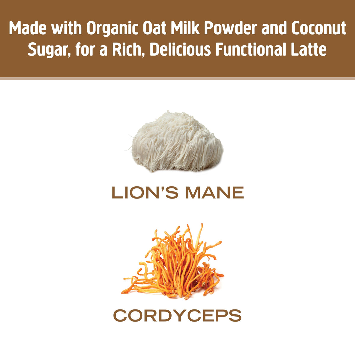 OM MUSHROOM SUPERFOOD Café Latte avec ingrédients sur une table