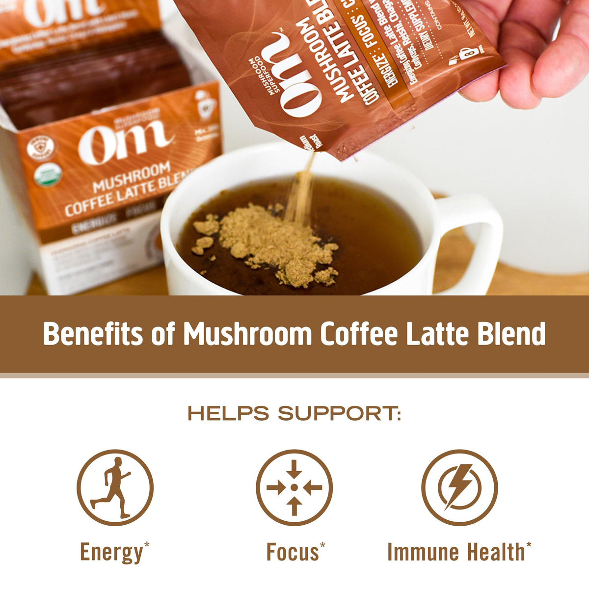 OM MUSHROOM SUPERFOOD Café Latte préparé dans une tasse avec de la mousse