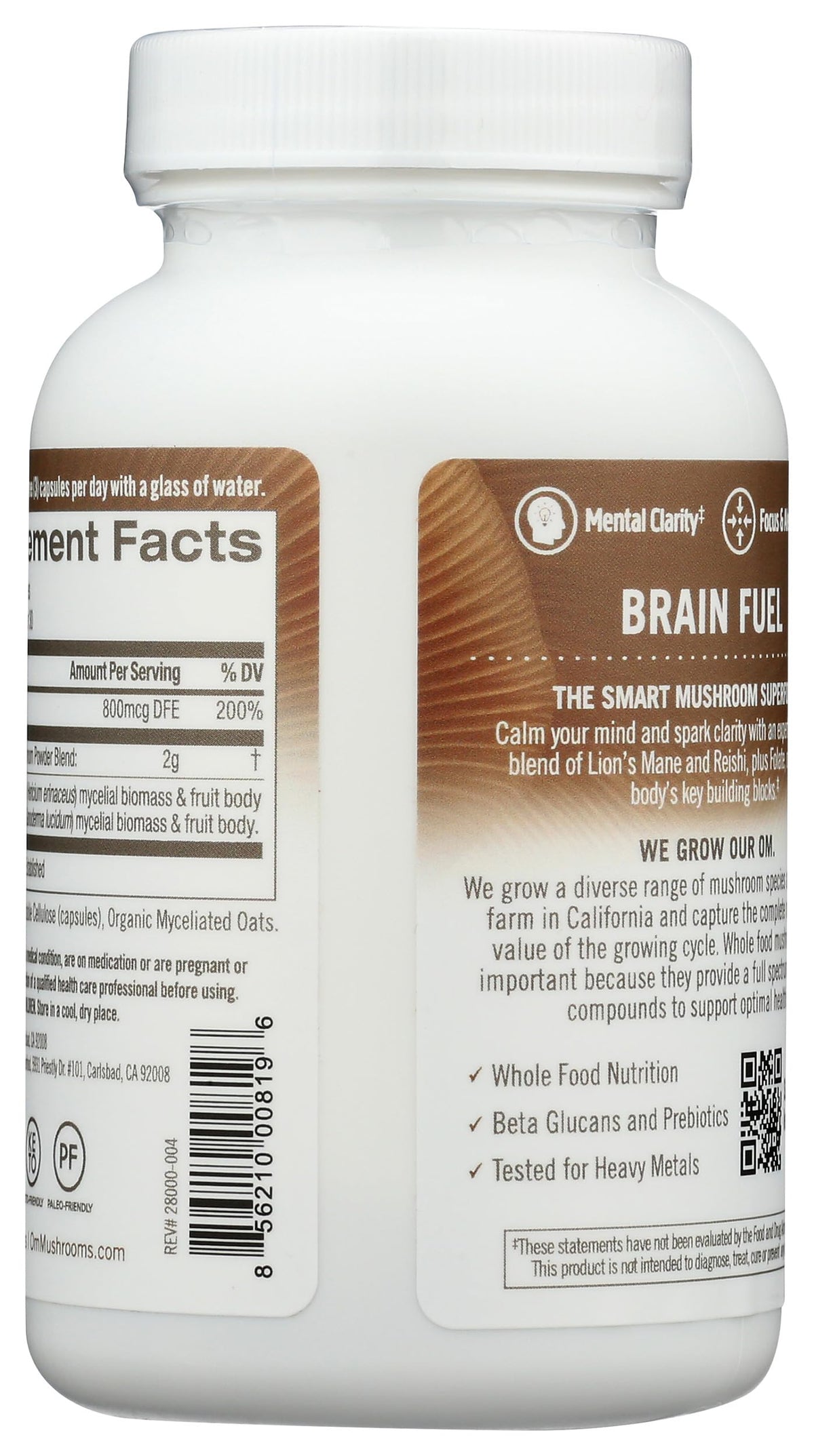 OM MUSHROOM SUPERFOOD capsules avec étiquette lisible