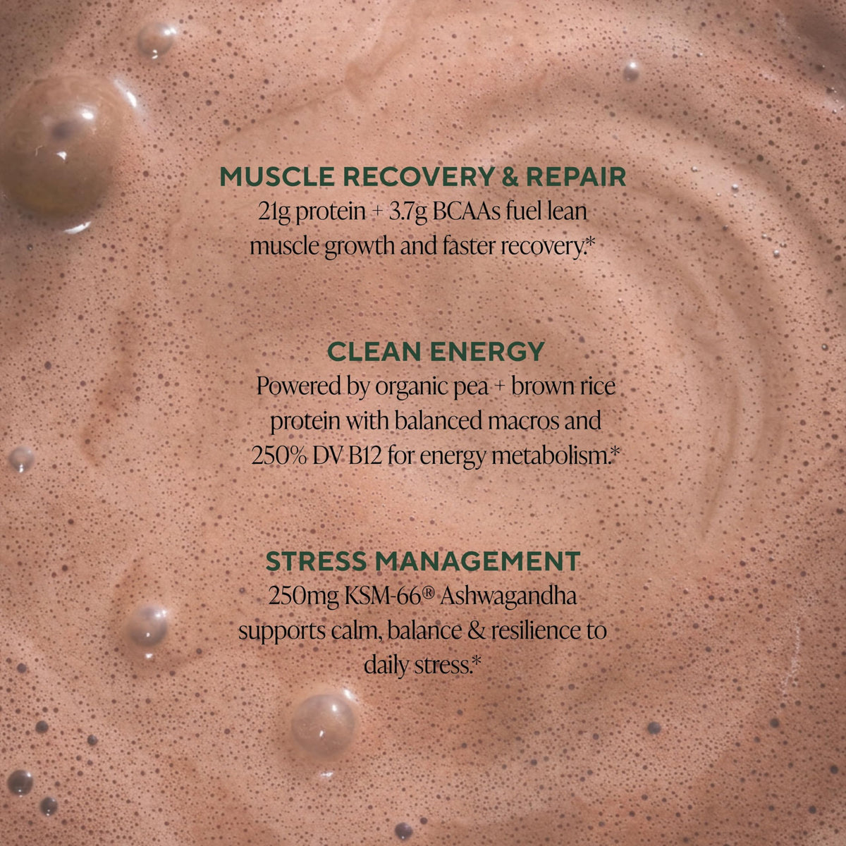 OM MUSHROOM SUPERFOOD Master Blend Poudre de Protéine Végane Chocolat présentée dans un smoothie