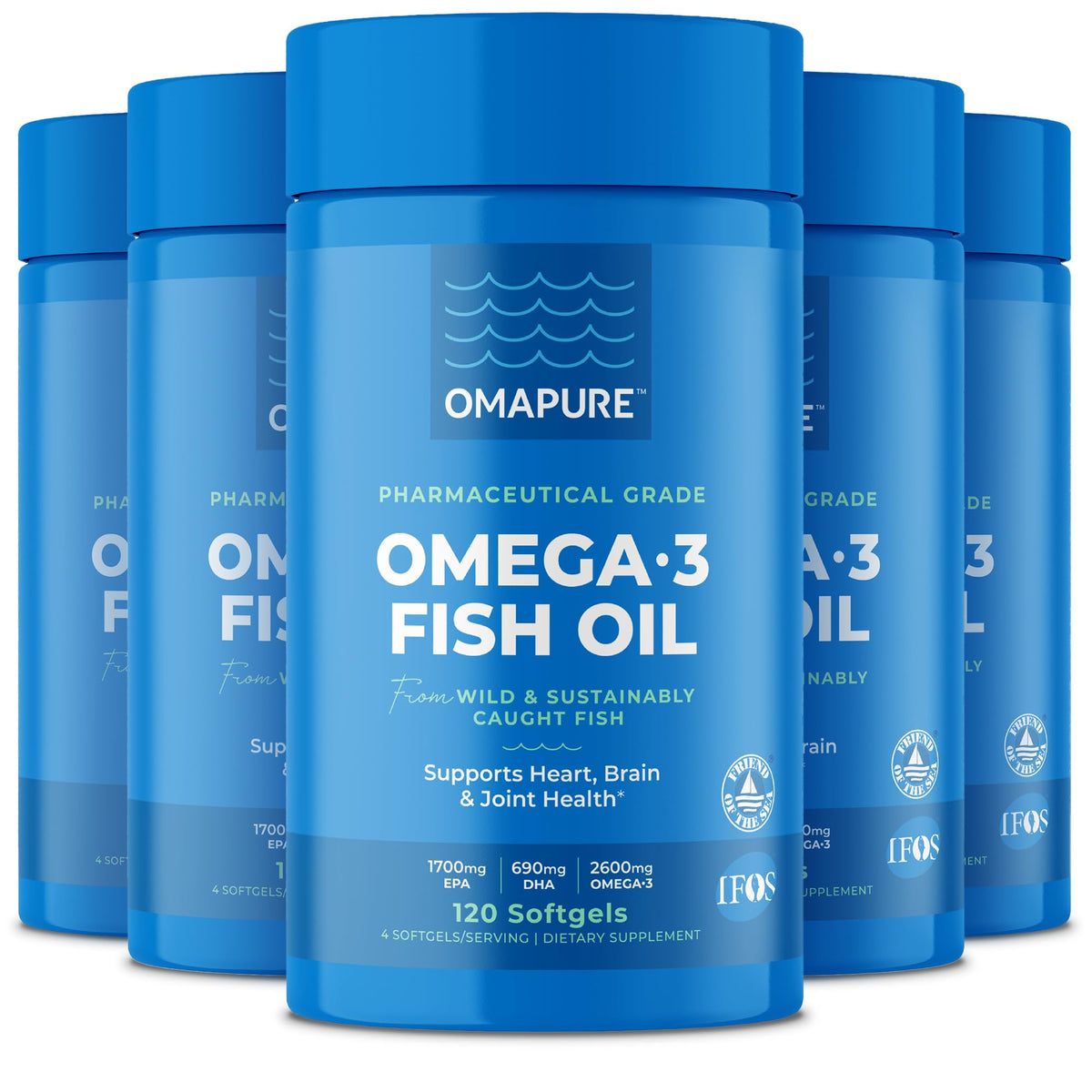 OMAPURE Huile de Poisson Omega 3 bouteille avant vue avec 120 gélules