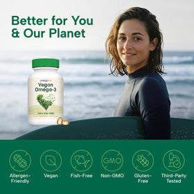 OmegaVia Omega 3 Végétalien avec algues en arrière-plan