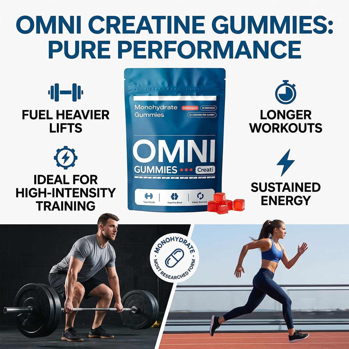Omni Gummies Gélifiés Créatine 272g avec ingrédients sur la table