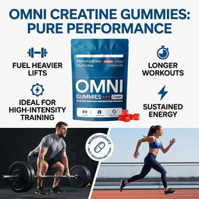 Omni Gummies Gélifiés Créatine 272g avec ingrédients sur la table
