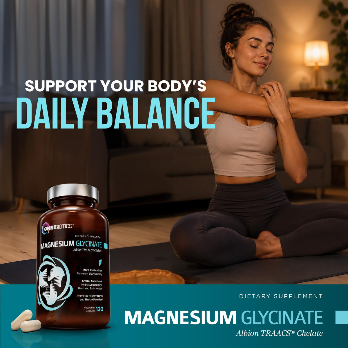 OmniBiotics Magnésium Glycinate, capsules en main pour démonstration