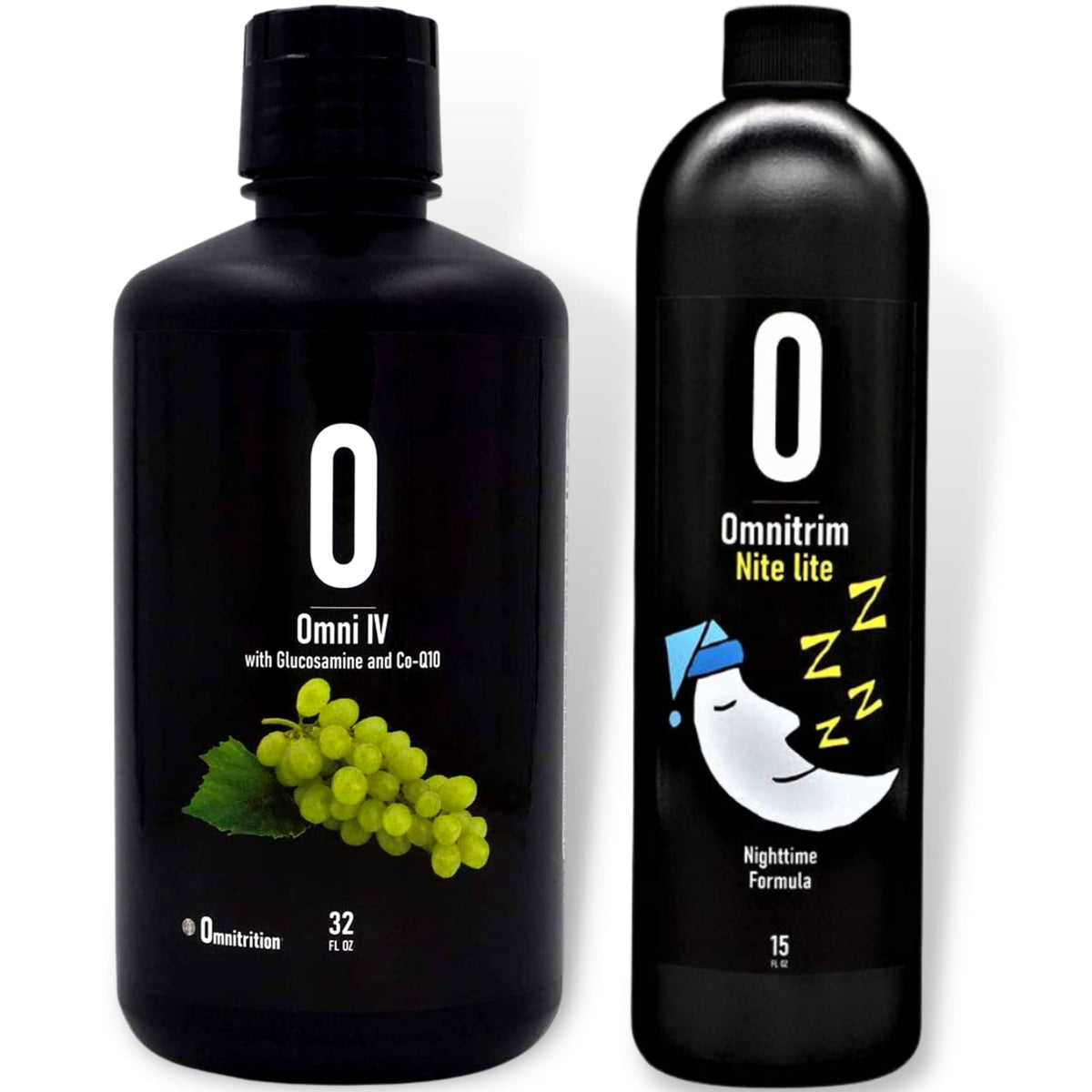 Omnitrition AM et PM Bundle - Omni IV et Nite Lite devant un fond neutre