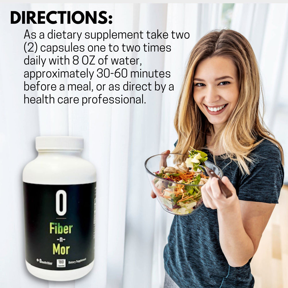 Omnitrition Fiber-N-Mor capsules sur une surface blanche
