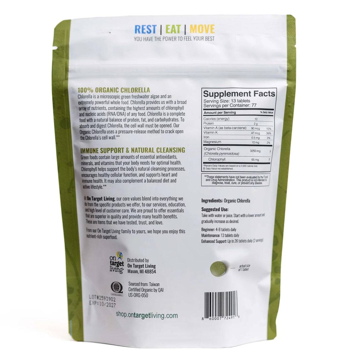 On Target Living Chlorella Bio avec étiquette USDA Organic