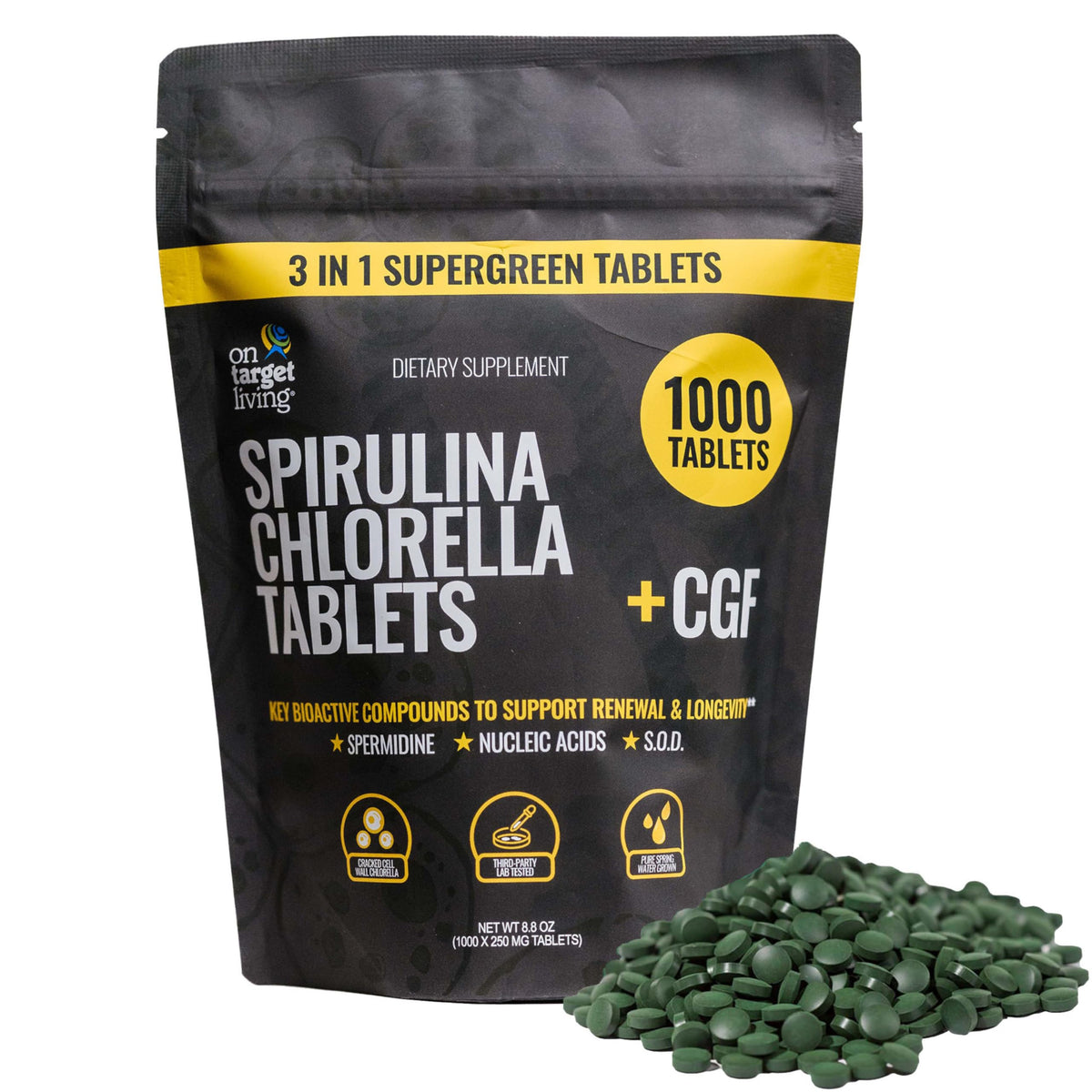 On Target Living Spirulina Chlorella 1000 comprimés vue de l'avant