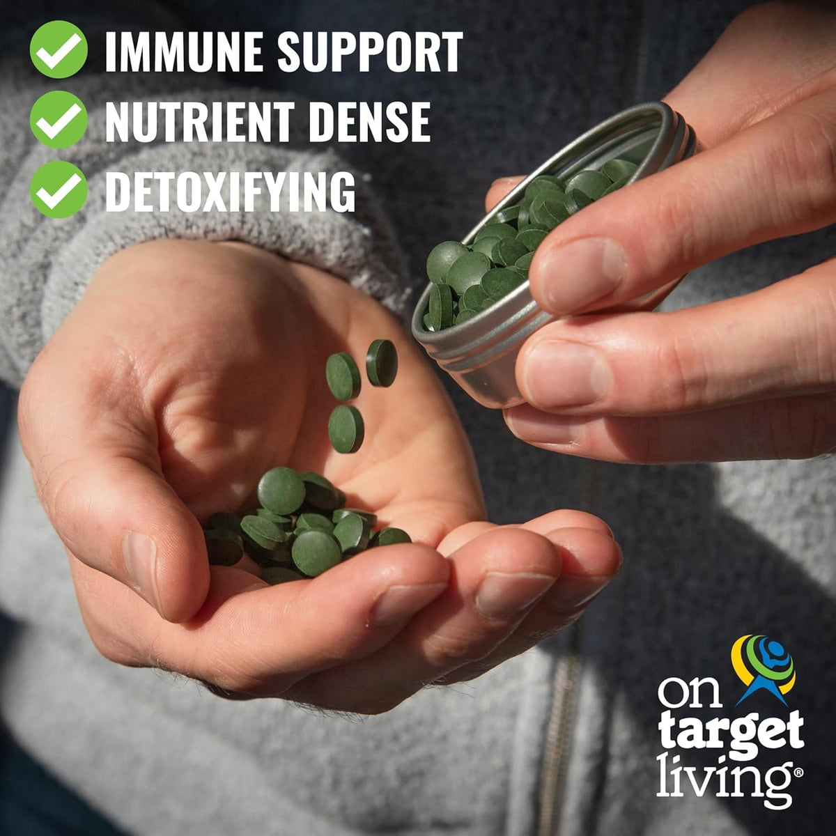 On Target Living Spirulina Chlorella + CGF, vue de côté