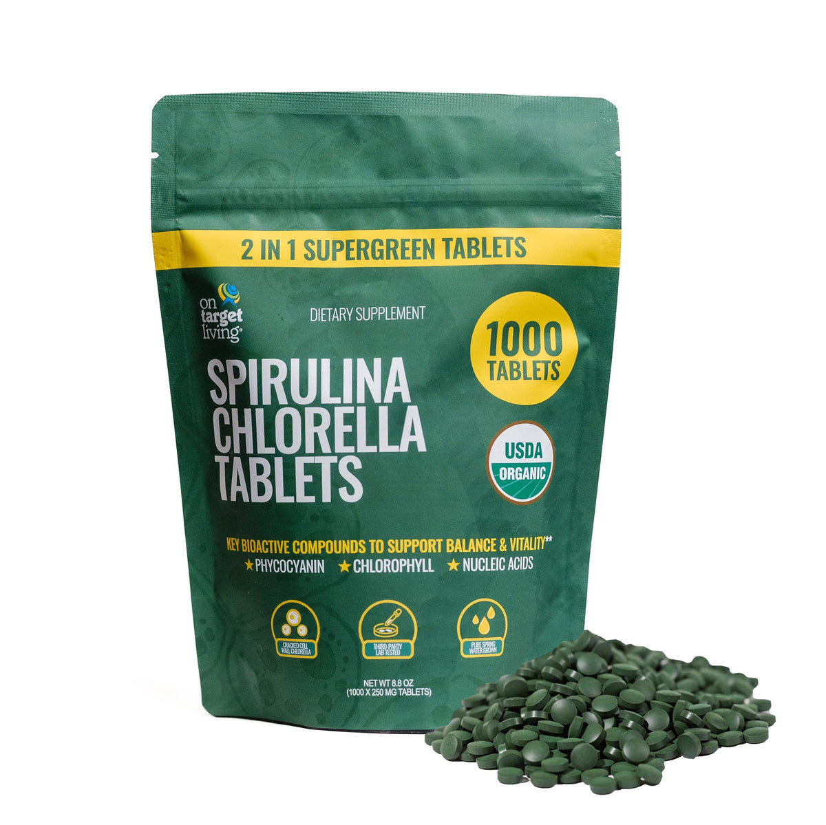 On Target Living Spiruline Chlorelle Bio 1000 comprimés, vue de face