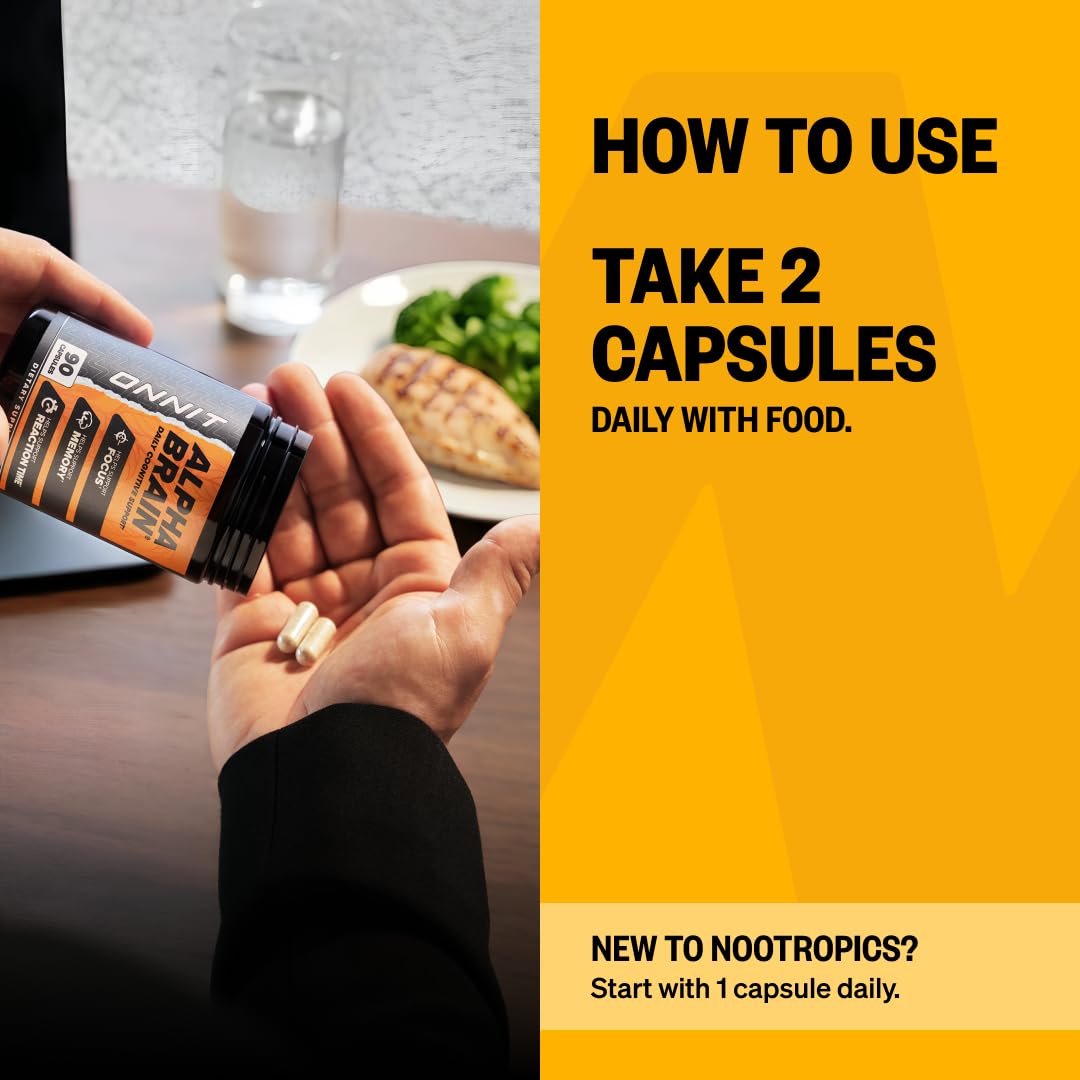 ONNIT Alpha Brain 60 capsules avec une tasse de café à côté
