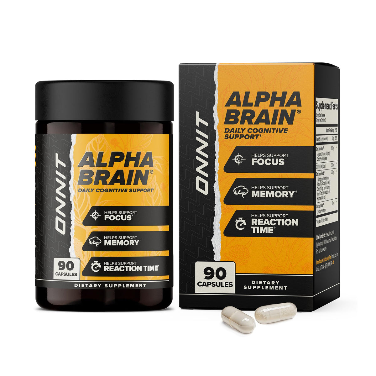 ONNIT Alpha Brain complément alimentaire nootropique 90 capsules vue avant
