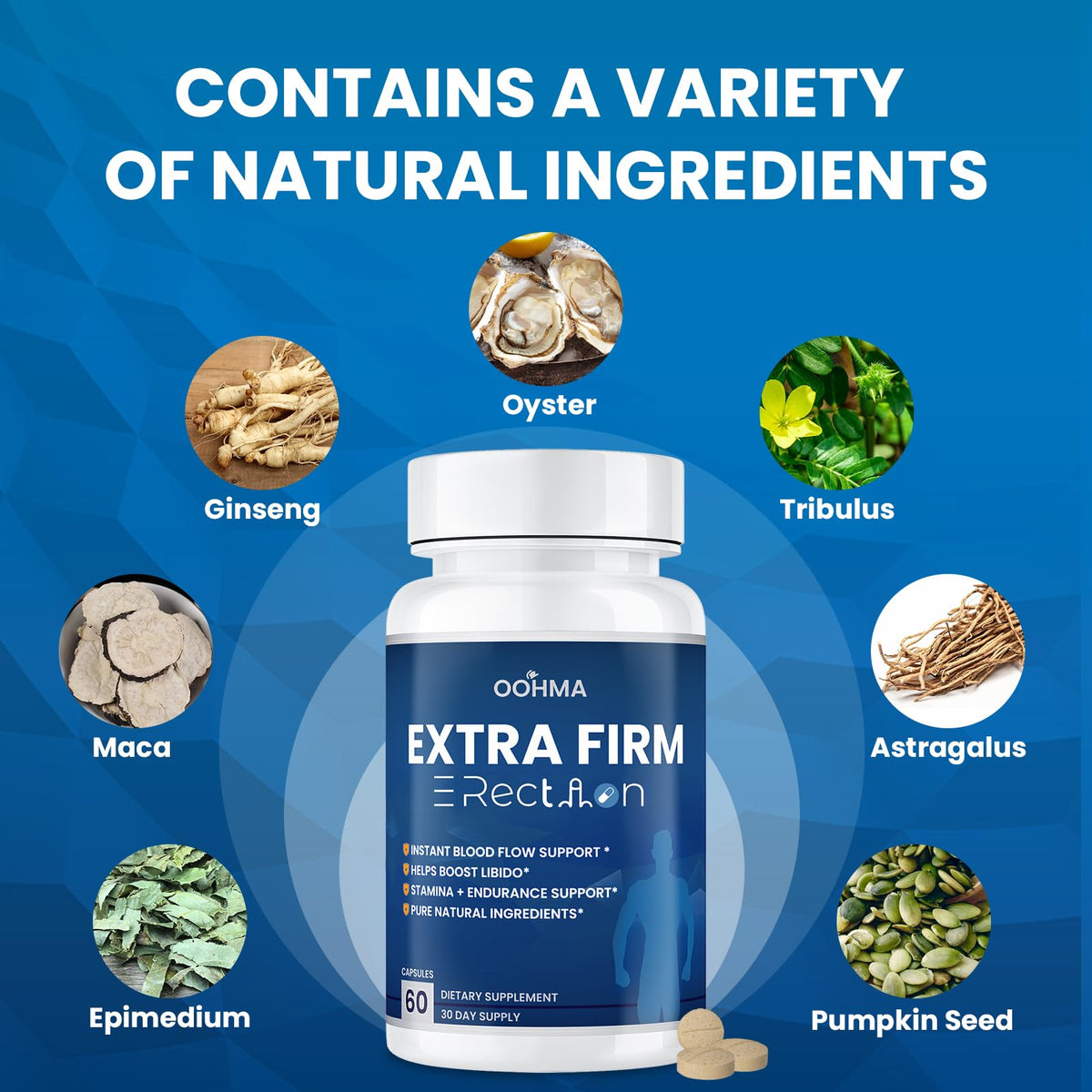 Oohma complément alimentaire naturel pour hommes, capsules sur une table en bois