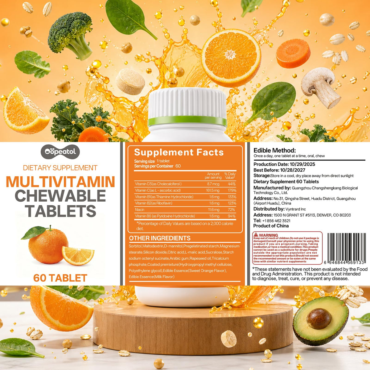 Oopeatol multivitamines 6-en-1 comprimés orange en gros plan