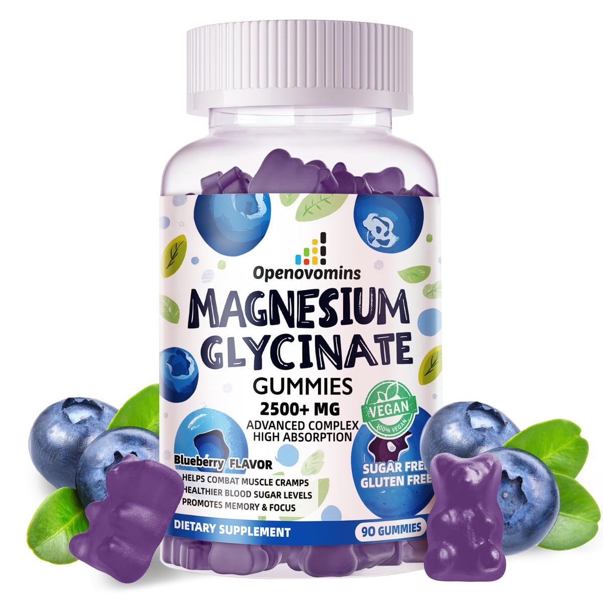 Openovomins Gummies de Magnésium Glycinate 2500mg - pot de 90 gummies myrtille