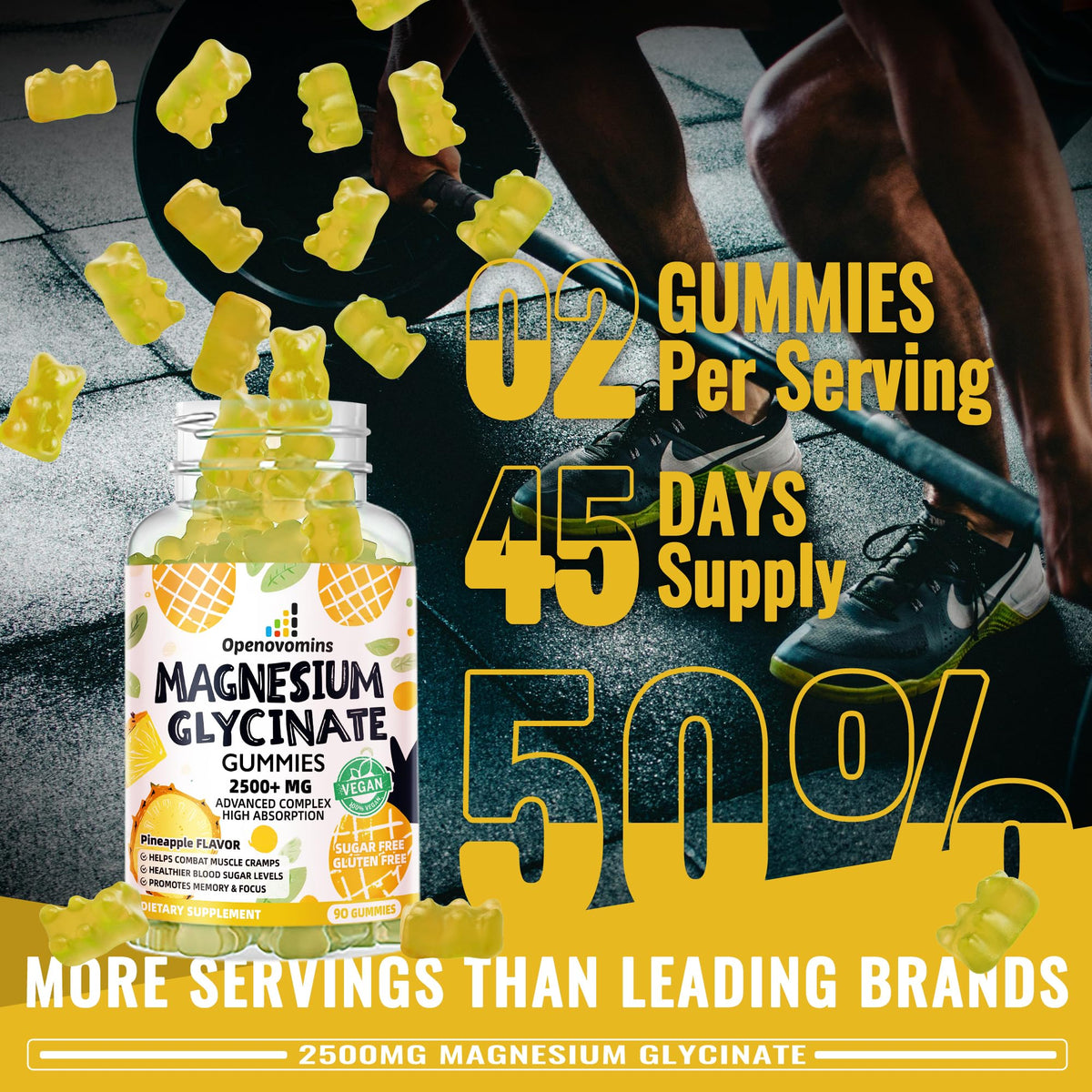 Openovomins gummies magnésium glycinate 2500mg avec présentation de l'emballage