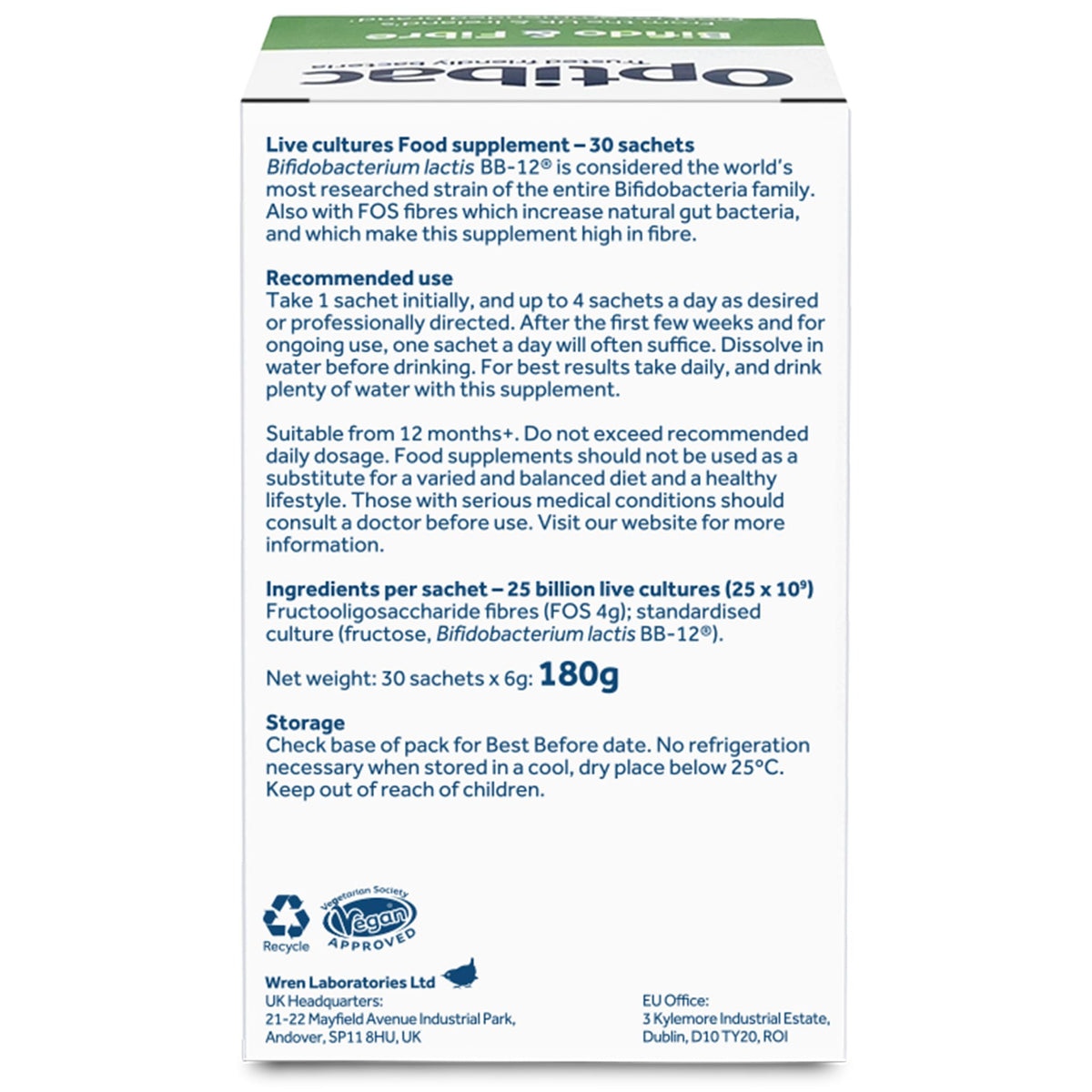 Optibac Probiotics Poudre avec ingrédients affichés