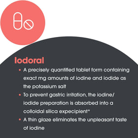 Optimox Iodoral 50 mg Iode Iodure de Potassium, comprimés sur fond blanc