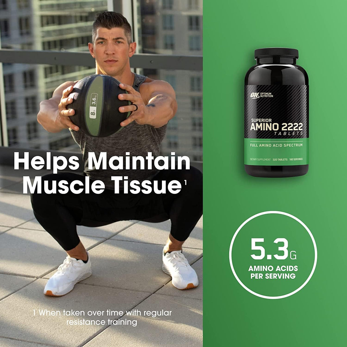 Optimum Nutrition Amino 2222 comprimés sur un fond de table