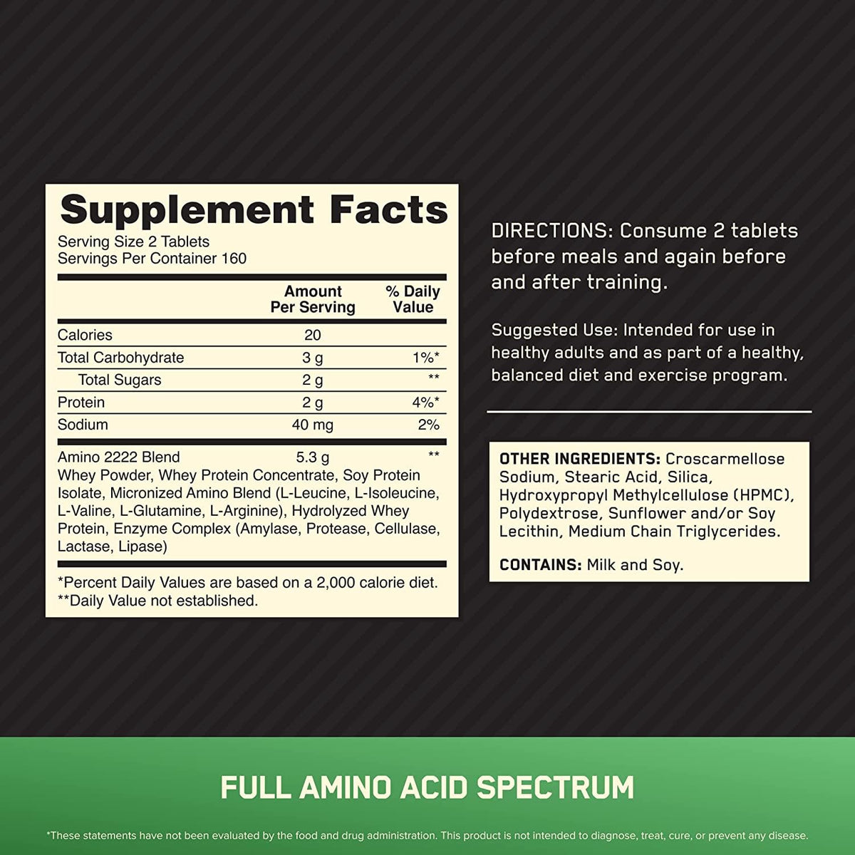 Optimum Nutrition Amino 2222 emballage et informations nutritionnelles