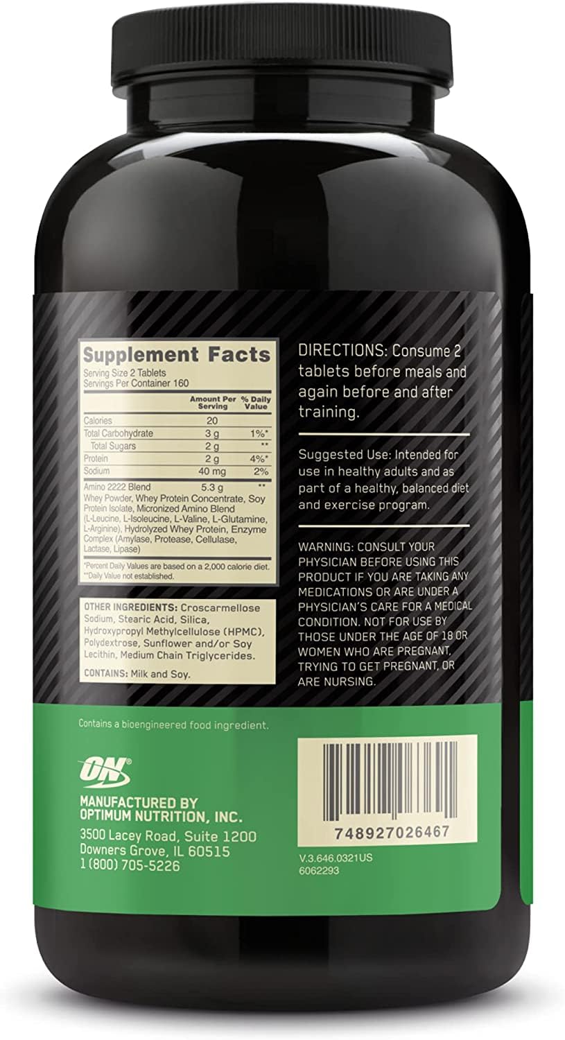 Optimum Nutrition Amino 2222 montrant la taille des tablettes