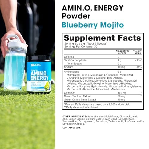Optimum Nutrition Amino Energy 340g en poudre bleue dans un verre