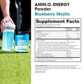 Optimum Nutrition Amino Energy 340g en poudre bleue dans un verre