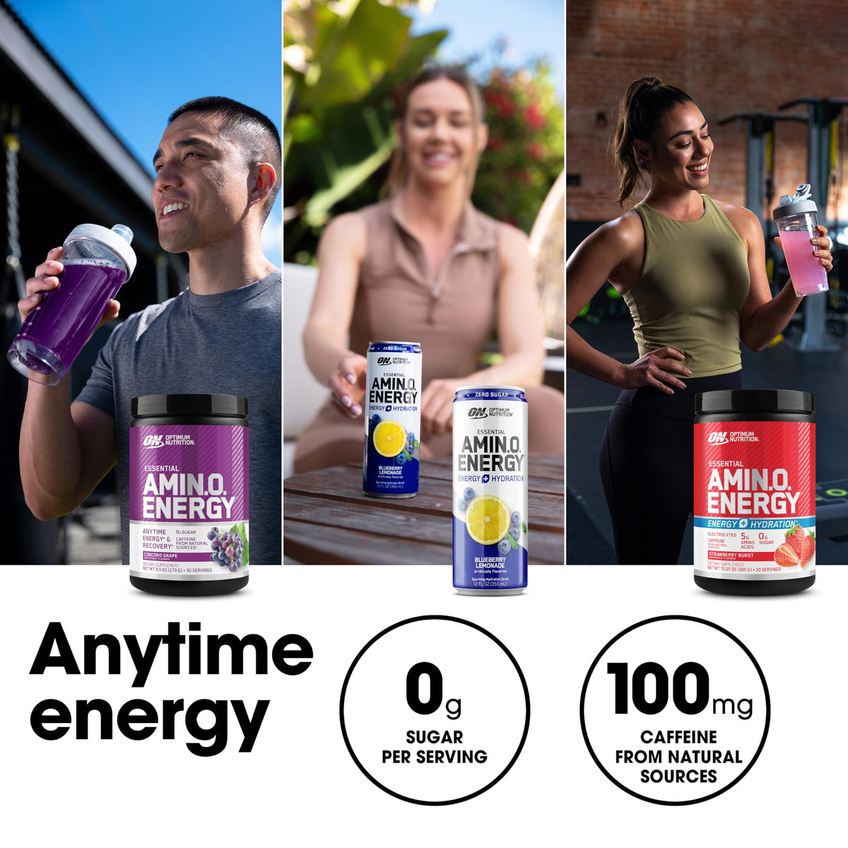 Optimum Nutrition Amino Energy 350g avec des accessoires de fitness